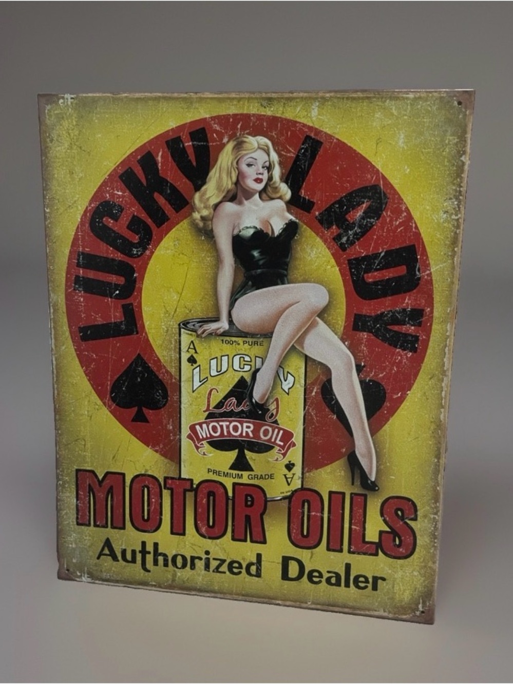 Lucky Lady Motor Oil Authorized Tin Wall Sign Pub,Man Cave,Garage~ 12.5 x 16”